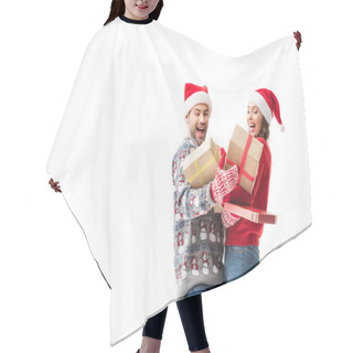 Personality  Young Couple Holding Christmas Gifts  Hair Cutting Cape