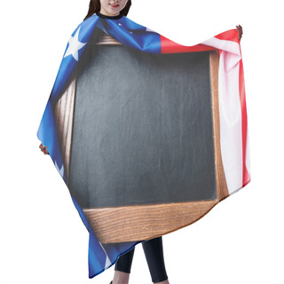 Personality  Top View Of Blank Chalkboard Near Flag Of American With Stars And Stipes  Hair Cutting Cape