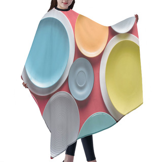 Personality  Stacks Of Colorful Porcelain Plates On Red Background Hair Cutting Cape