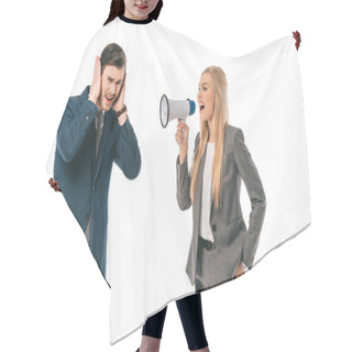 Personality  Beautiful Female Boss Yelling Into Megaphone At Scared Male Employee Isolated On White Hair Cutting Cape