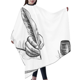 Personality  Hand Writing With A Quill Pen. Ink Black And White Drawing Hair Cutting Cape