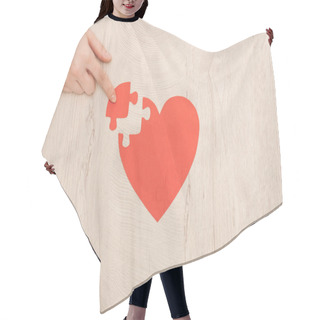 Personality  Partial View Of Woman Pointing With Finger To Puzzle Of Heart  Hair Cutting Cape