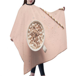 Personality  Top View Of Sweet Cacao With Marshmallows Near Candy Canes On Pink Background  Hair Cutting Cape