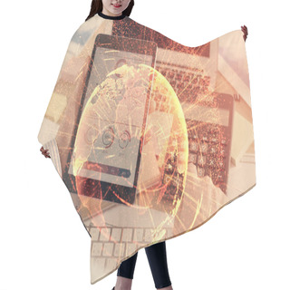 Personality  Double Exposure Of Mans Hands Holding And Using A Phone And Social Network Theme Drawing. Hair Cutting Cape