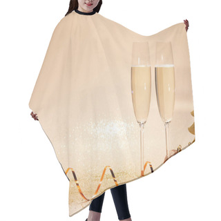 Personality  Christmas Toys, Decorative Star And Two Glasses Of Champagne With Glitter On Tabletop Hair Cutting Cape