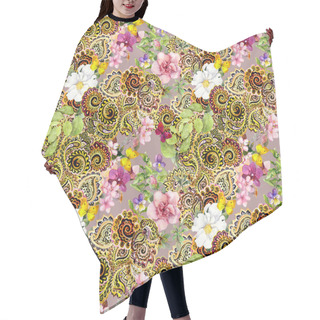 Personality  Flowers, Butterflies And Lush Golden Indian Ornament. Watercolor Seamless Pattern Hair Cutting Cape