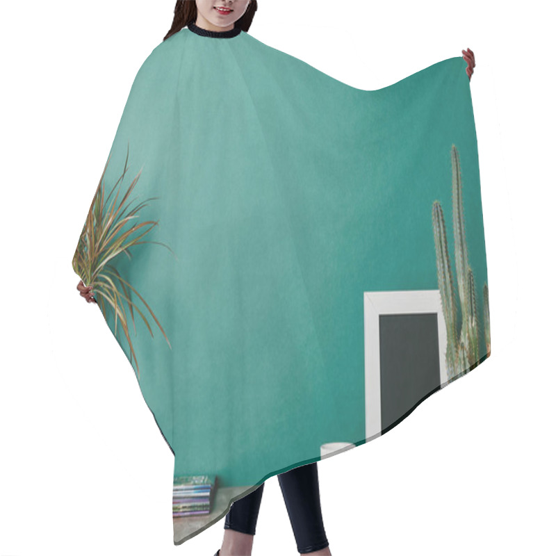 Personality  Plants, photo frame, journals and cup of beverage on green background hair cutting cape