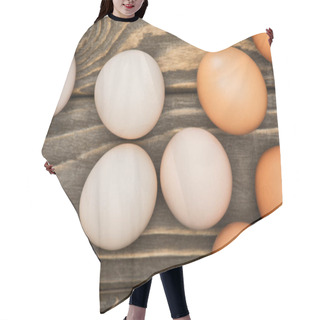 Personality  Top View Of Fresh Chicken Eggs On Wooden Surface Hair Cutting Cape