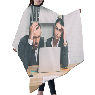 Personality  Portrait Of Stressed Business People At Workplace With Documents And Laptop In Office Hair Cutting Cape