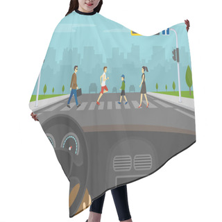 Personality  Hands Driving A Car On The Street. Driver Is Waiting On Red Light While Group Of People Crossing Road On Crosswalk With Traffic Lights. Flat Vector Illustration. Hair Cutting Cape