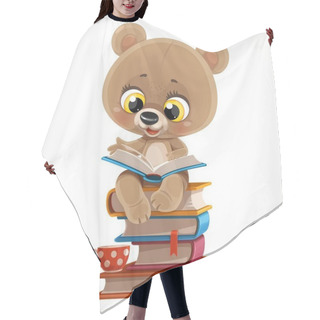 Personality  Cute Cartoon Baby Bear Sitting On A Stack Of Books And Reading Isolated On White Background Hair Cutting Cape