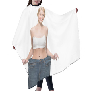 Personality  Beautiful Happy Slim Girl In Oversized Jeans Smiling At Camera Isolated On White  Hair Cutting Cape