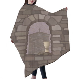 Personality  View From The Arched Stone Window Of The Medieval  Church In Visigoths Style And Cup Of Wine With Black Bread, Vector Illustration Hair Cutting Cape