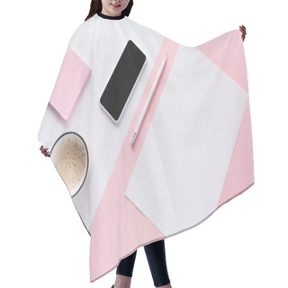 Personality  Flat Lay With Smartphone, Cup Of Coffee, Blank Paper And Sticky Notes Hair Cutting Cape