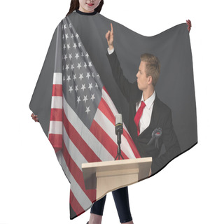 Personality  Displeased Emotional Man With Raised Hand On Tribune With American Flag On Black Background Hair Cutting Cape
