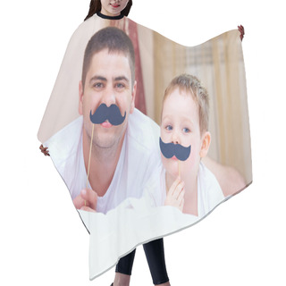 Personality  Funny Father And Son With False Mustaches, Playing At Home Hair Cutting Cape