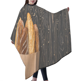 Personality  Top View Of Fresh Baked Baguette Loaves In Paper Bag On Wooden Black Surface Hair Cutting Cape