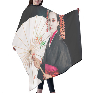 Personality  Geisha In Black Kimono With Red Flowers In Hair Holding Traditional Asian Umbrella Isolated On Black Hair Cutting Cape