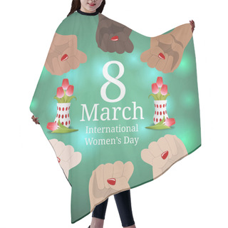 Personality  International Women's Day Banner. Women's March. Multinational Equality. Female Hand With Her Fist Raised Up. Girl Power. Feminism Concept. Vector Illustration For Your Design. Hair Cutting Cape