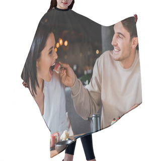 Personality  Selective Focus Of Happy Man Holding Chopsticks With Tasty Sushi Near Young Woman In Restaurant  Hair Cutting Cape