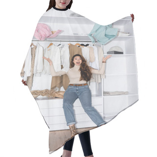 Personality  Excited Woman Throwing Clothes And Looking At Camera In Wardrobe  Hair Cutting Cape