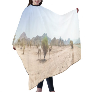 Personality  Panorama View Of Desert Landscape View With Camels. Selective Focus Hair Cutting Cape