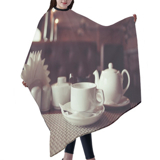 Personality  Teapot And Cup Of Tea At A Cafe Hair Cutting Cape