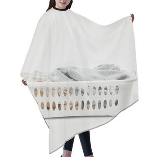 Personality  White Plastic Laundry Basket With Dirty Clothes On Grey Hair Cutting Cape
