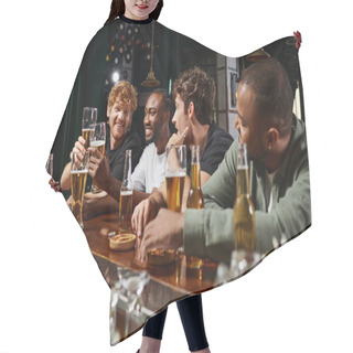 Personality  Multicultural Men Spending Time Together, Chatting And Toasting With Beer, Male Friends In Bar Hair Cutting Cape