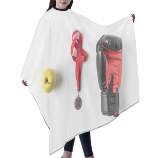 Personality  Top View Of Boxing Glove With Medal And Green Apple On White Surface Hair Cutting Cape