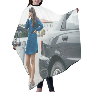 Personality  Sad Woman Standing Near Car With Scratch Hair Cutting Cape