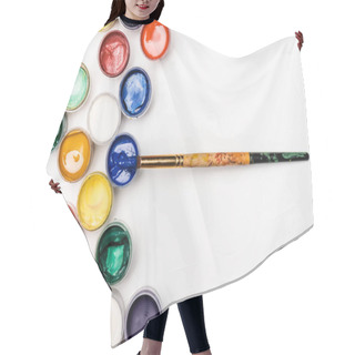 Personality  Top View Of Gouache Paints And Paintbrush On White Background Hair Cutting Cape