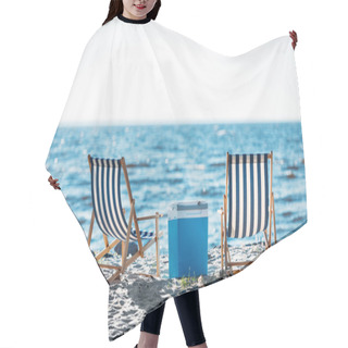 Personality  Back View Of Striped Chaise Lounges And Cooler N Sandy Beach Hair Cutting Cape