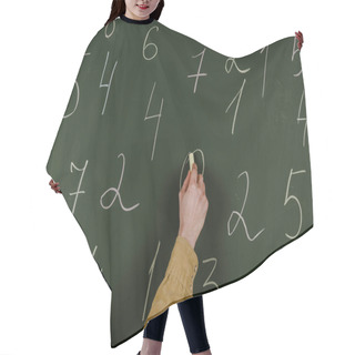 Personality  Cropped View Of Man Writing Numbers With Chalk On Blackboard Hair Cutting Cape