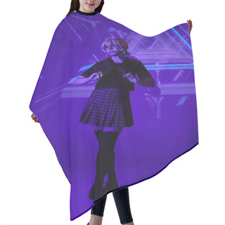 Personality  Anime Woman In Blonde Wig And School Uniform In Blue Neon Light On Abstract Backdrop, Full Length Hair Cutting Cape