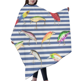 Personality  Elevated View Of Various Fishing Bait On Striped Background  Hair Cutting Cape