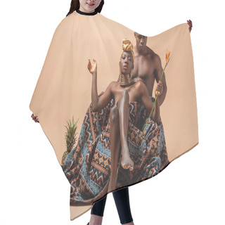 Personality  Sexy Naked Tribal Afro Woman Covered In Blanket Posing Near Man And Pineapple On Beige Hair Cutting Cape