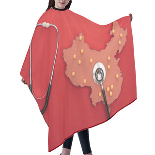 Personality  Top View Of Map Of China With Push Pins And Stethoscope On Red Background  Hair Cutting Cape