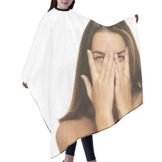 Personality  Beautiful Woman Covering Her Face With Her Hands Hair Cutting Cape