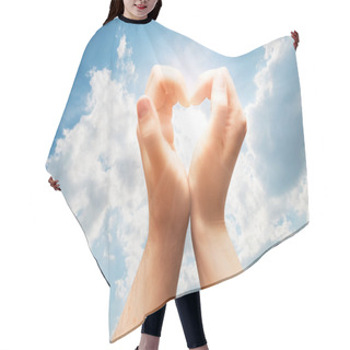 Personality  Man And Woman Hands Make A Heart On Blue Sunny Sky Hair Cutting Cape