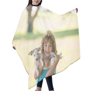 Personality  Kid Boy With Dog Relaxing On Nature. Lovely Cute Child Embraces His Pet Doggy. Hair Cutting Cape