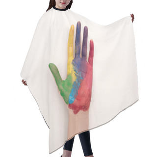 Personality  Cropped View Of Female Hand With Colorful Paint On White For World Autism Awareness Day Hair Cutting Cape
