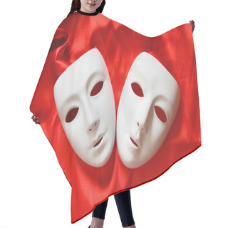 Personality  Theatre Concept With The White Plastic Masks Hair Cutting Cape