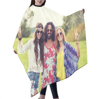 Personality  Happy Young Hippie Friends Showing Peace Outdoors Hair Cutting Cape