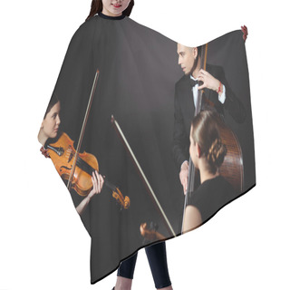 Personality  Trio Of Professional Musicians Playing On Musical Instruments On Dark Stage Hair Cutting Cape