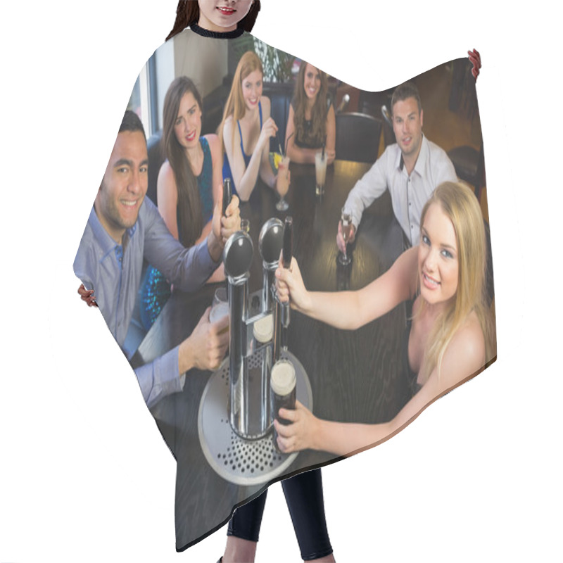 Personality  Young Friends Sitting Together And Pulling Pints In A Restaurant Hair Cutting Cape