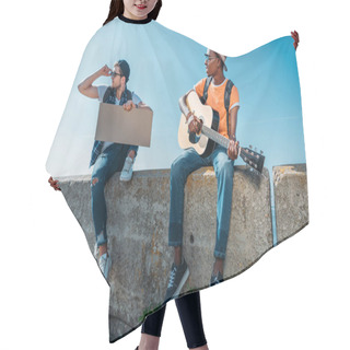 Personality  Multicultural Hitchhikers With Cardboard Hair Cutting Cape