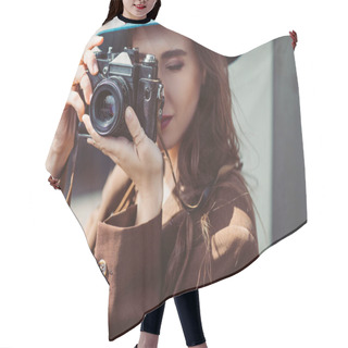 Personality  Attractive Woman In Hat Taking Photos On Retro Photo Camera On Roof Hair Cutting Cape