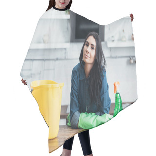Personality  Beautiful Brunette Woman In Rubber Gloves Sitting With Bucket And Spray In Kitchen Hair Cutting Cape
