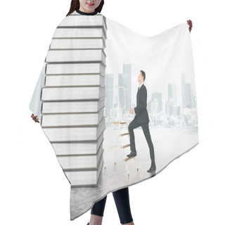 Personality  Businessman Climbing On Books Stack Hair Cutting Cape
